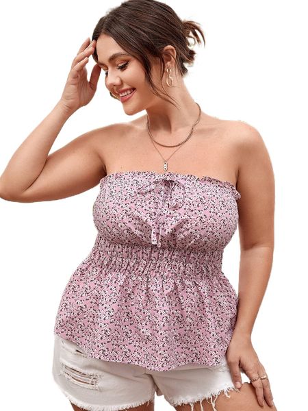 

plus ditsy floral ruffle hem tube z69z#, Black