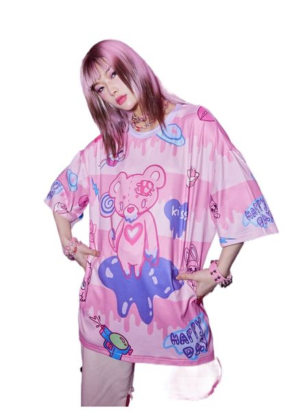 

romwe anime cartoon bear graphic oversized tee e6q3#, White