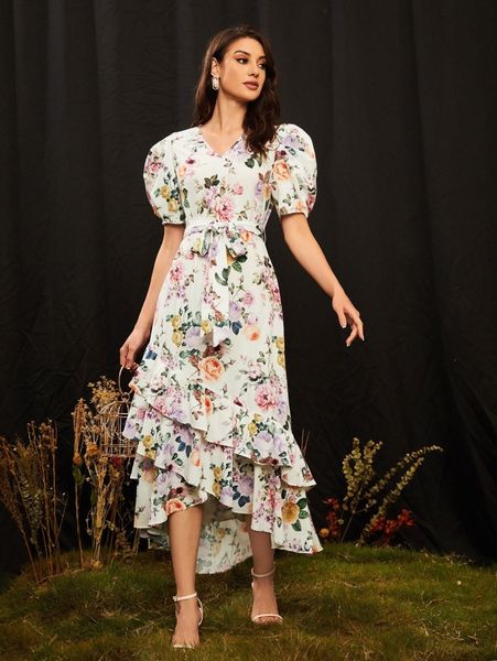 

allover floral print belted layered hem dress q4bq#, Black;gray