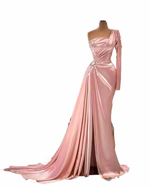 

2022 gorgeous pink one shoulder mermaid prom dresses shiny crystal beaded ruched satin high side split formal evening party gowns custom mad, Black
