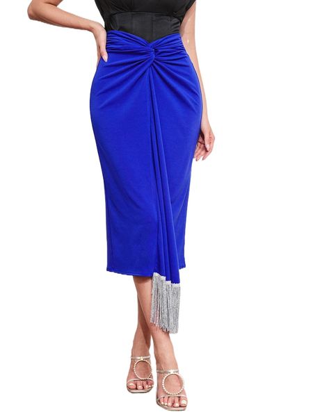 

twist front fringe hem split back skirt w7zd#, Black