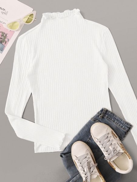 

ribbed mock neck lettuce-edge l188#, White