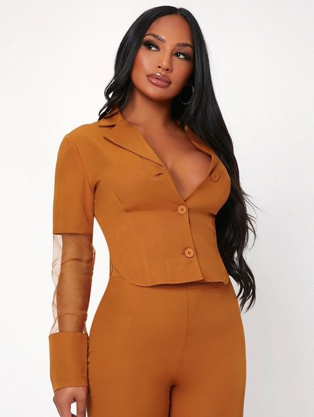

sxy lapel neck contrast mesh blazer n82i#, White
