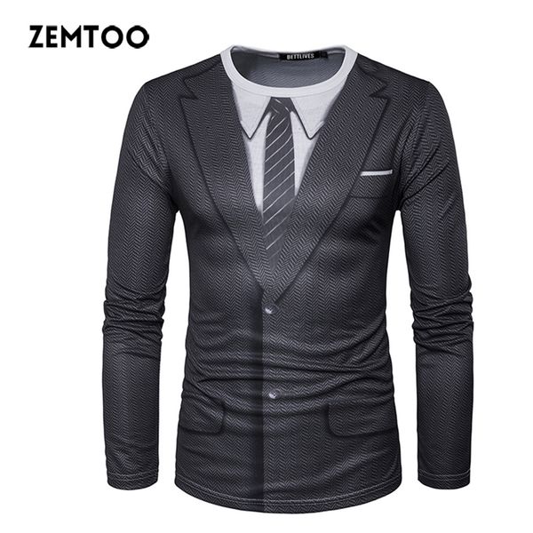 zemtoo erkek tişörtler marka smokin tee tees homme retro kravat ince fit kamisetas erkekler uzun kollu gündelik smokin gömlek 3D baskı gömlek t200224