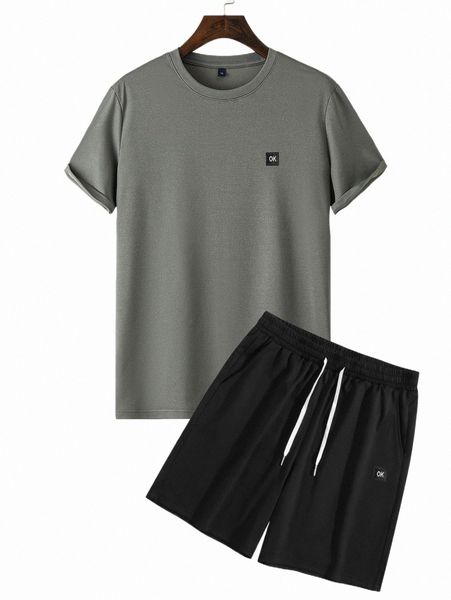 

men letter patch detail tee & drawstring waist shorts n9ug#, Gray