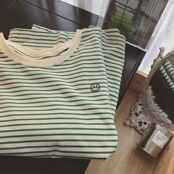 

women's t-shirt 2022 stripe round neck t-shirt women's summer 2022 smiling face embroidery casual versatile short sleeve tj8f, White