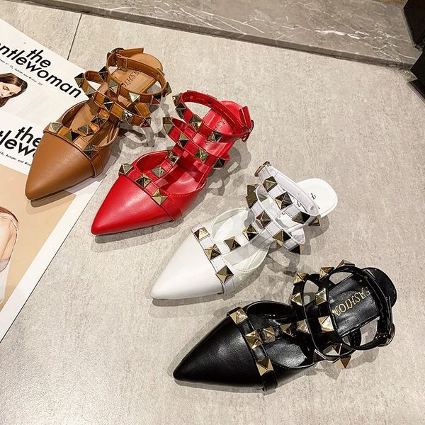 

woman pointed toe low heel studded sandals leather shoes pumps 35-43 for dress office, Black