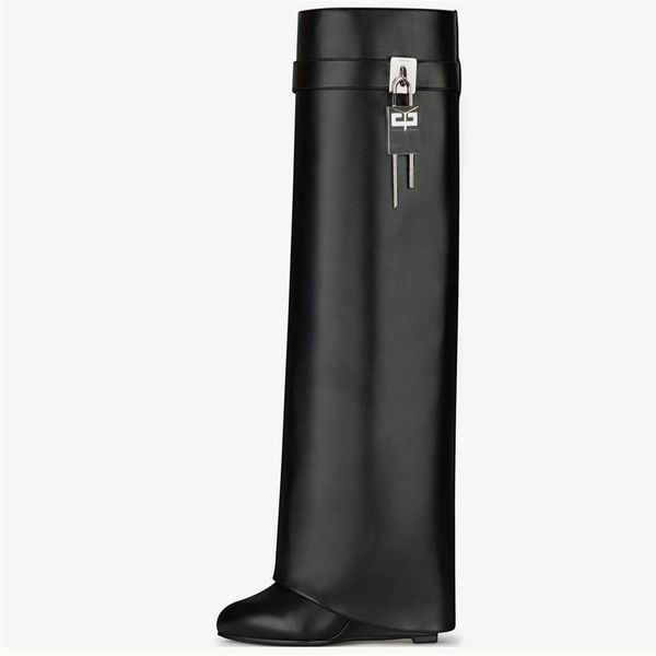 

shark lock knee boots leather silver and gold finish asymmetrical metal padlock clad wedge almond shaped toe heel height 9cm268s, Black