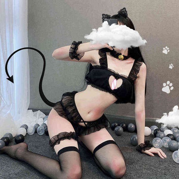 Sexy Dessous wilde Katze Cosplay BH Spitze Set Lesben Teufel Schwarz Versuchung Rollenspiel Kostüme Erotik Hot Outfit Uniform für Frauen W220318