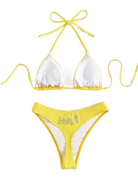 

rhinestone studded halter triangle bikini swimsuit j0v8#, White;black