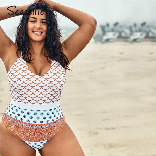 

seaselfie plus size fish scales printed 1pc swimsuit women large size monokini bathing suit 2020 beach swimwear t200708, White;black
