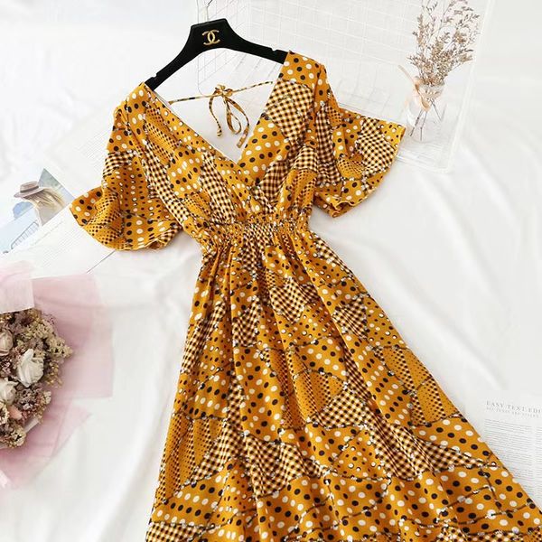 

2022 summer women ruffled short-sleeved chiffon dress v-neck high waist floral print beach midi dresses backless vestidos, Black;gray