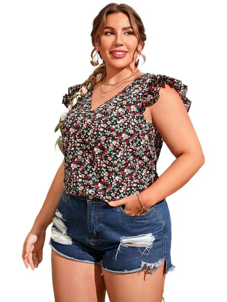 

plus ditsy floral ruffle sleeve blouse l6bc#, Black