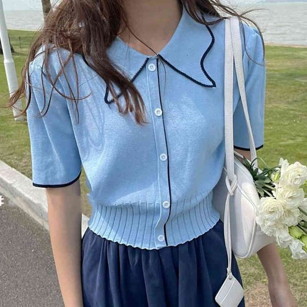 

women's polos small high waist short t-shirt ice silk breathable contrast color bubble sleeve 9fpx, White