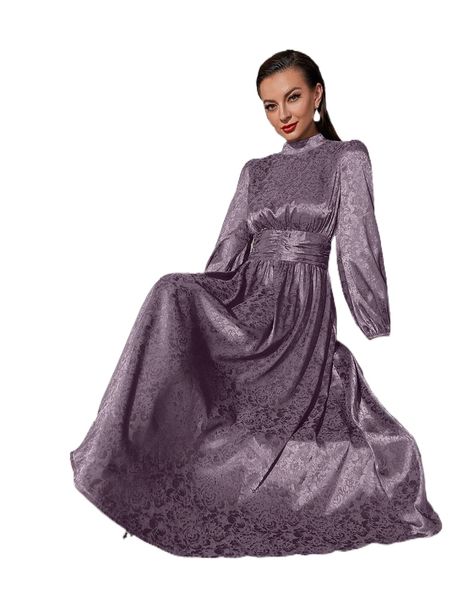 

floral jacquard mock neck ruched satin prom dress i46p#, Black;gray
