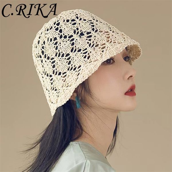 

summer handmade crochet beach hat korean short-brimmed bucket hat women go out shopping fisherman hat fashion hollow panama 220513, Blue;gray