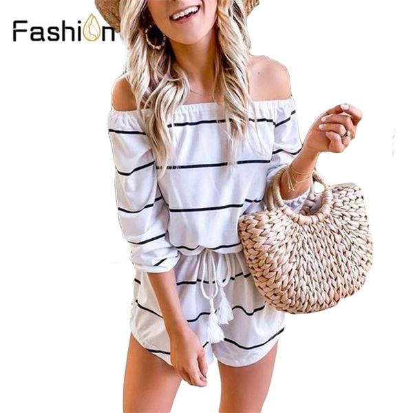 

wide leg belted striped romper women long sleeve rompers for women off shoulder playsuit summer jumpsuit preppy casual bodysuit t200113, Black;white