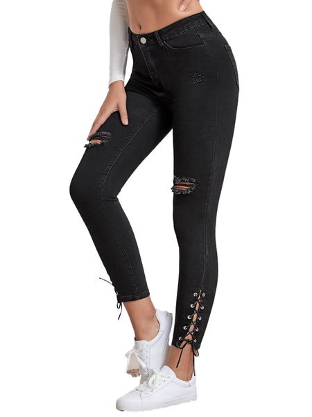 

ripped lace up side skinny jeans p18l#, Blue
