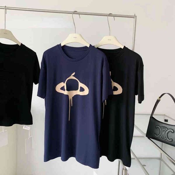 

designer t shirt tide brand vivi embroidery round neck short-sleeved t-shirt classic saturn print long cotton t-shirt fashion, White;black