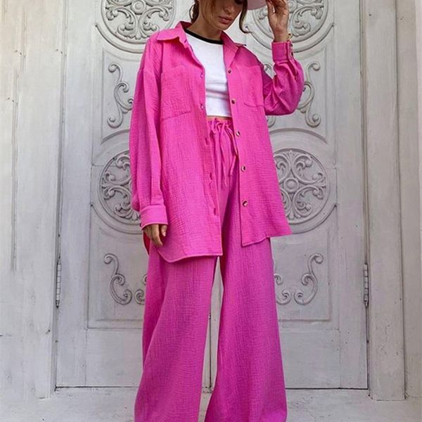 Clacive Set di pantaloni a due pezzi rosa larghi casuali Camicette a maniche lunghe moda donna abbinati a pantaloni larghi Set di pantaloni con lacci 220511