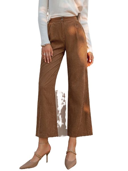 

simplee high waist slant pockets corduroy wide leg pants 49o6#, Black;white