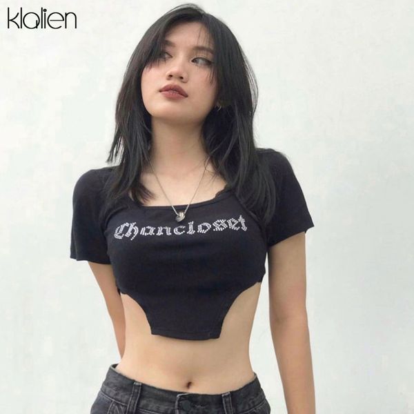 

2022 summer fashion casual print letter diamond female t-shirt streetwear slim soft stretch cotton solid black tee women, White