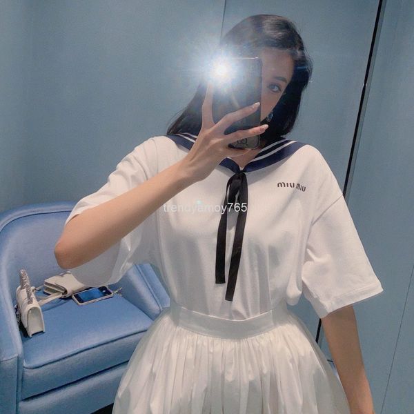 

women's t-shirt miu miao 21 summer navy collar shawl short sleeve women's alphabet print fashion niche loose t-shirt, White