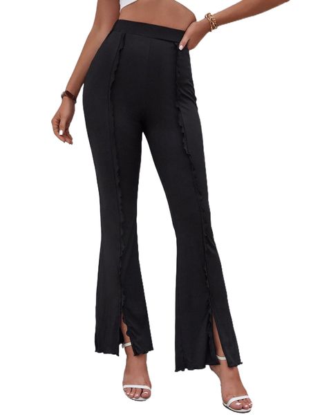 

high waist lettuce trim slit front flare leg pants w0hw#, Black;white