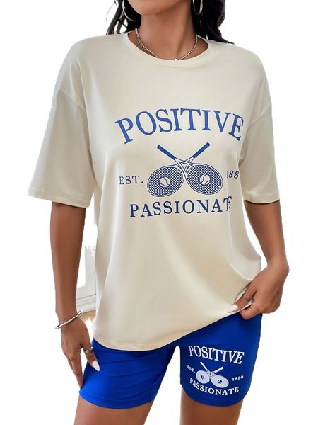 

letter graphic drop shoulder tee & biker shorts b82k#, White