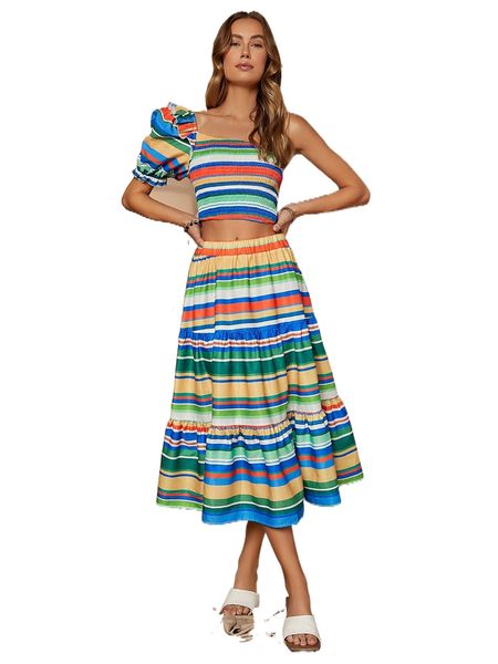 

striped pattern ruffle hem skirt e41c#, Black