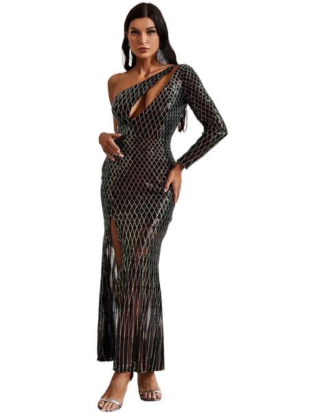

one shoulder cut out split thigh sequin formal dress c49t#, Black;gray