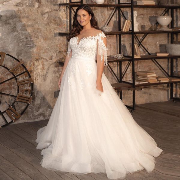 Abiti da sposa con maniche ad aletta in nappa taglie forti Collo trasparente Abito da spiaggia da principessa Abito da sposa Applicazioni in pizzo Una linea Vestido De Novia