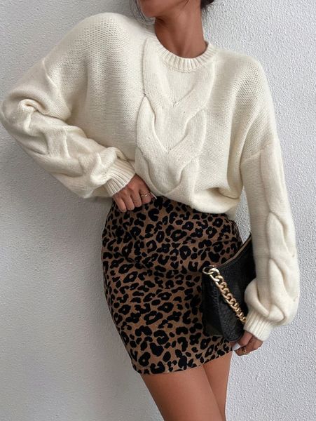 

drop shoulder solid cable knit sweater 16mi#, White;black