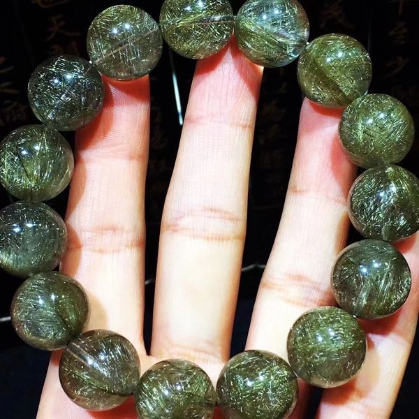 

natural silver rutilated quartz bracelet crystal clear round beads 15.3mm brazil woman man rare gemstone gift aaaaa