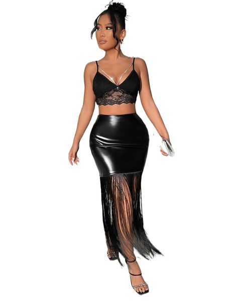 

sxy fringe hem pu bodycon skirt a3kf#, Black