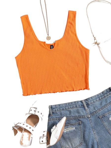 

plus neon orange notched neck rib-knit tank v4wg#, Black