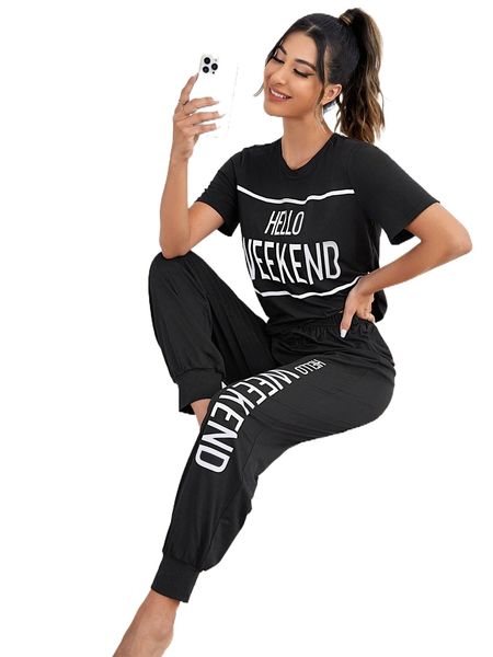 

slogan graphic lounge tee & sweatpants 02rp#, Black;red