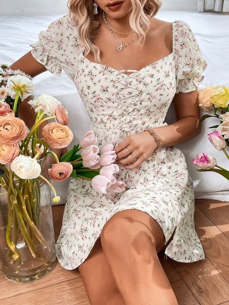 

ditsy floral print lace up front puff sleeve dress h3b6#, Black;gray