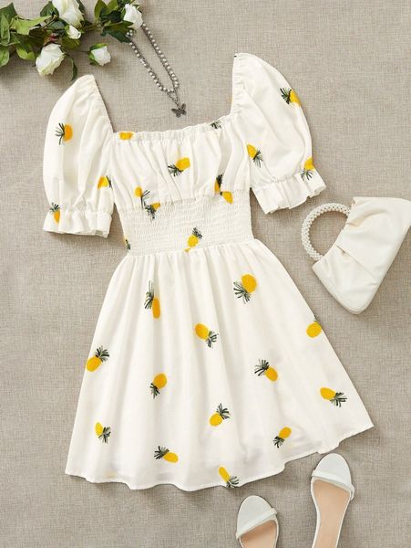 

square neck pineapple print shirred dress g3eu#, Black;gray