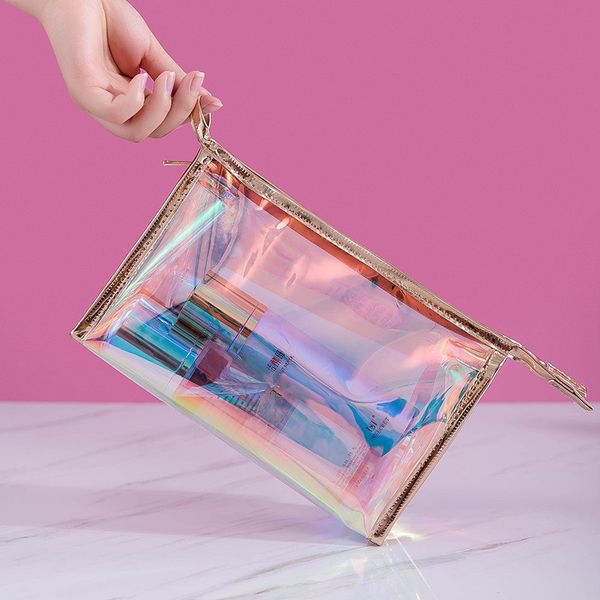 Bolsa holográfica colorida Bolsa cosmética Bolsa de maquiagem clara Organizador de beleza Bolsa de higiene pessoal zíper da maquiagem