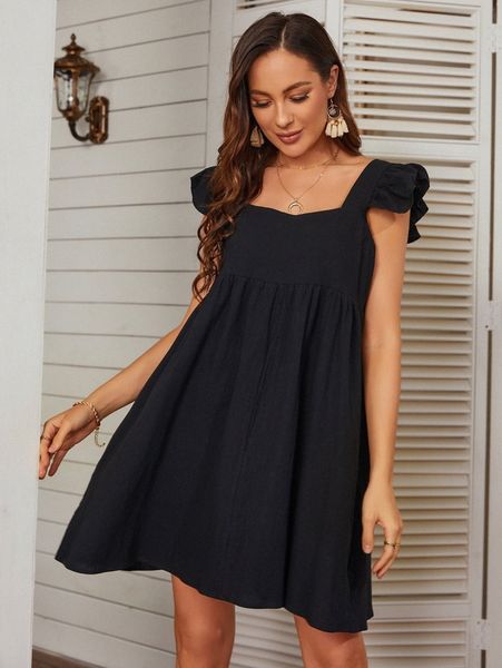 

solid ruffle trim smock dress i0k3#, Black;gray