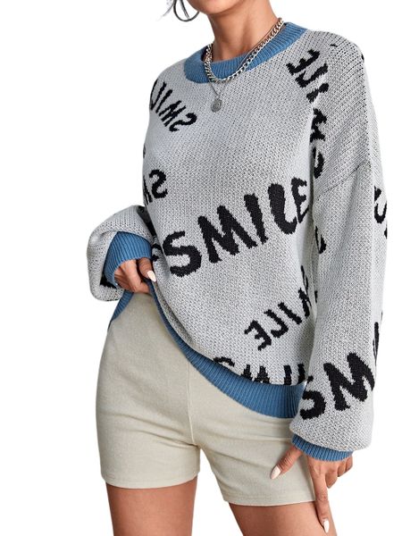 

letter pattern drop shoulder sweater 79ch#, White;black