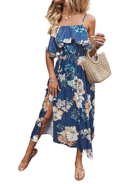 

f.loral print r.uffle trim s.plit hem d.ress p1ra#, Black;gray