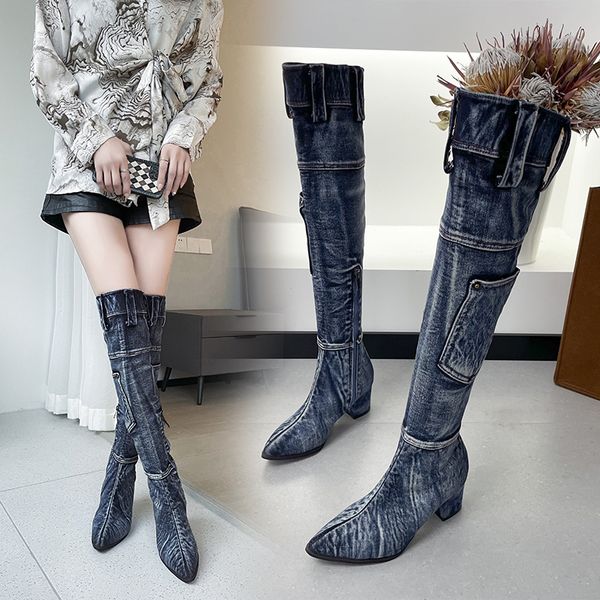 

jean boots women's knee-high boot zipper high heel woman stylish jeans boots ladies denim boot female shoes cowboy 220725, Black
