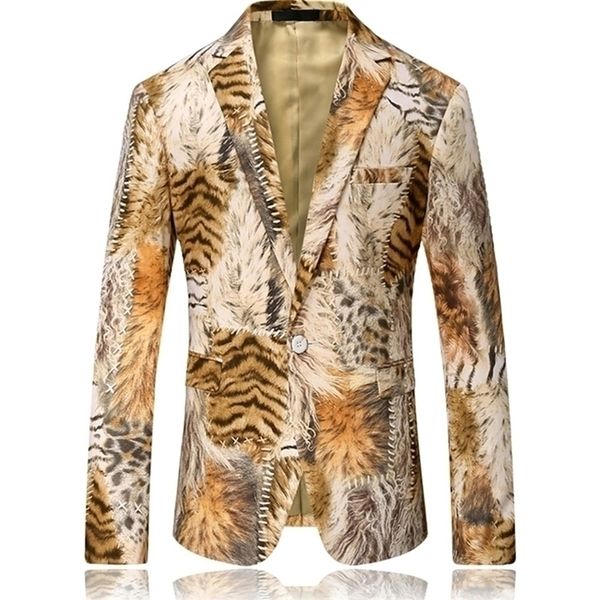 Tiger Slim Fit Desen Baskı Takım Ceket Balosu Benzersiz Tasarımcı Günlük Blazer Erkekler 201104