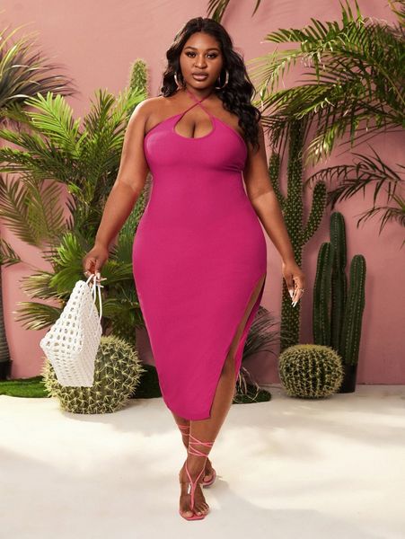 

sxy plus halter neck split thigh bodycon dress e5de#, Black