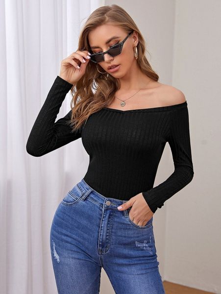 

off shoulder rib-knit 0998#, White