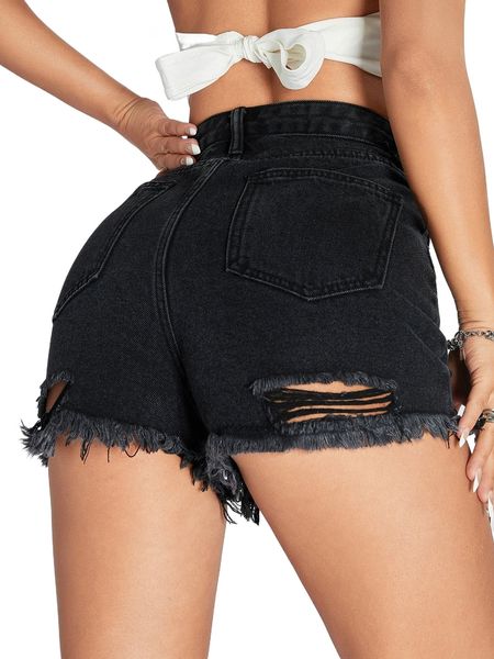 

high waist ripped raw hem denim shorts 60gv#, White;black