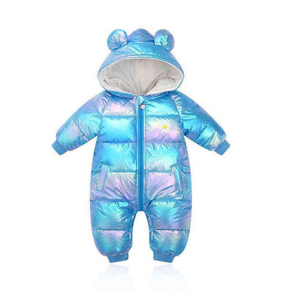

baby boy girl rompers winter shiny with hooded thickened warm jumpsuits clothes for toddler runaway wind proof snowsuit jacket j220718, Blue;gray