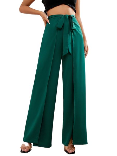 

t.ie f.ront slit hem w.ide l.eg p.ants q5t7#, Black;white